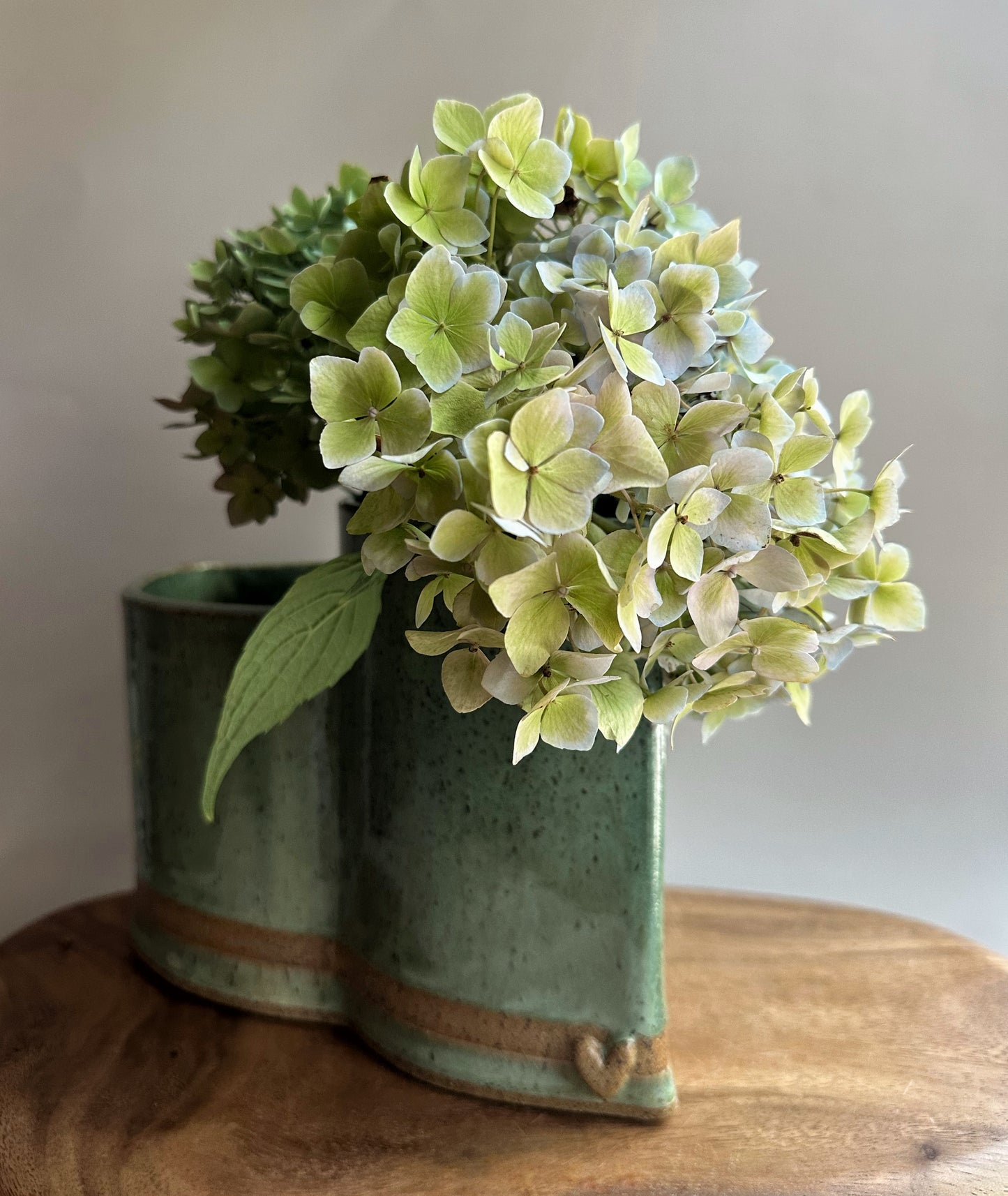 large hand-built double vase • limited edition green