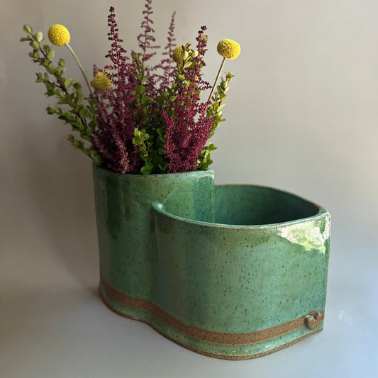 large hand-built double vase • limited edition green
