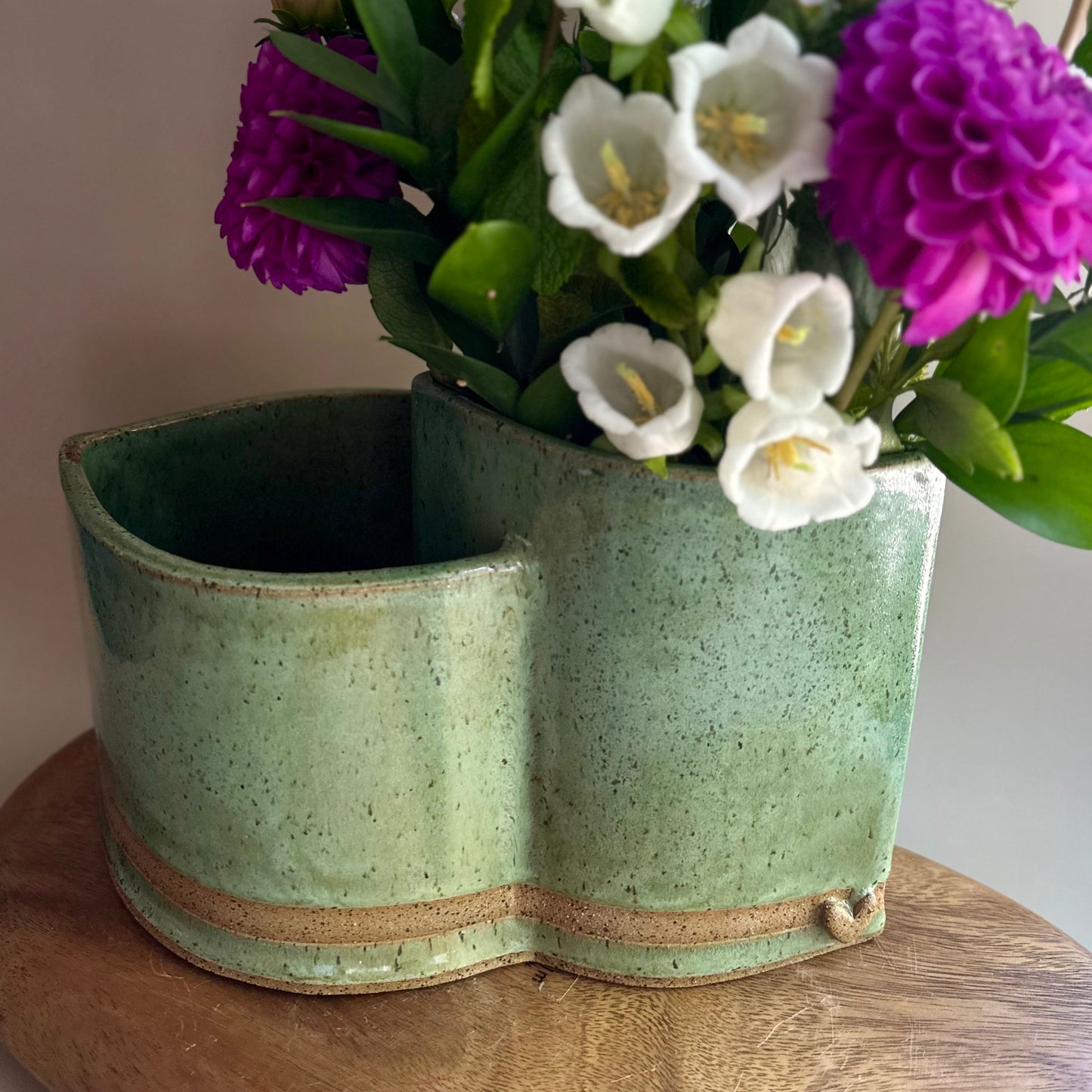 large hand-built double vase • limited edition green