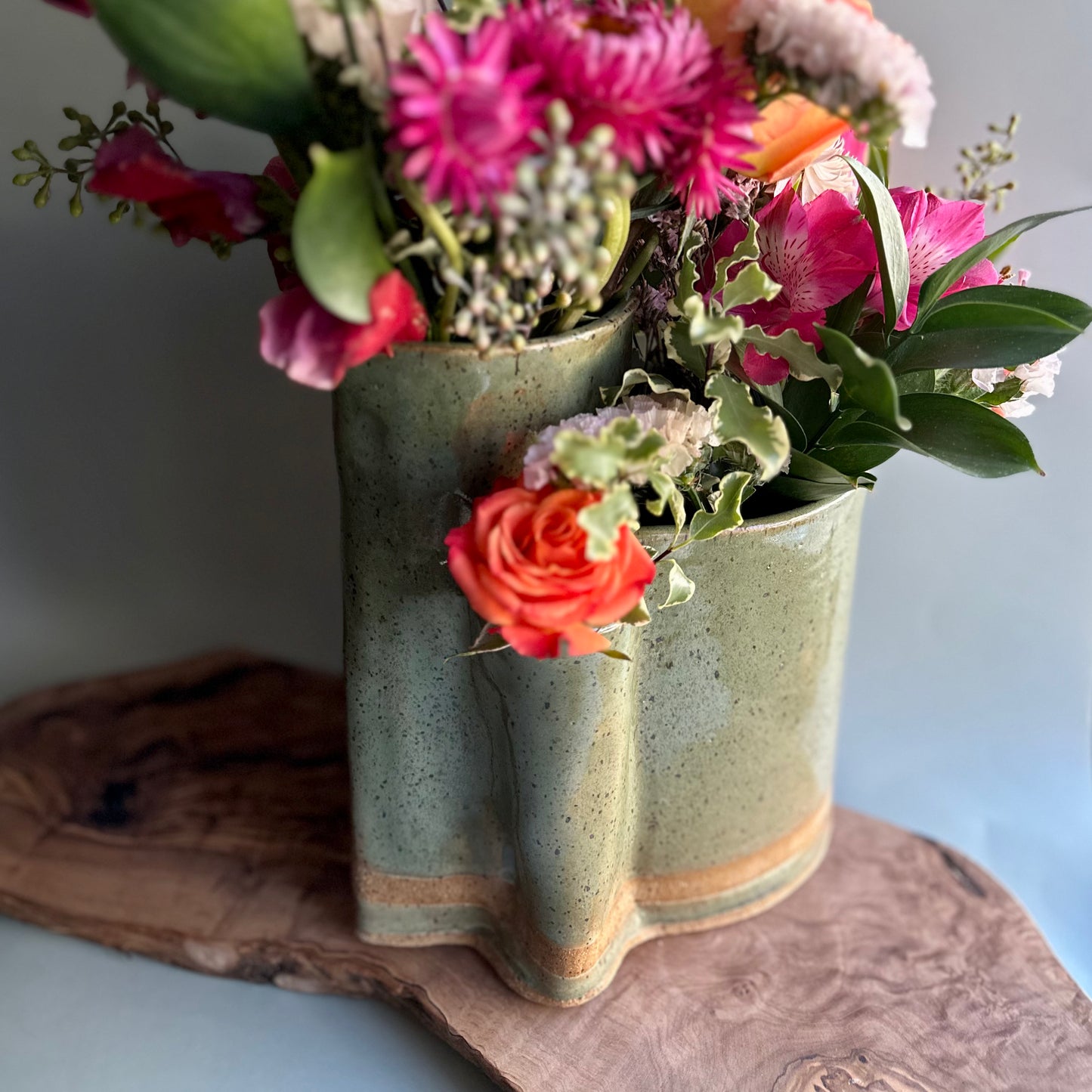 hand-built triple vase • limited edition green