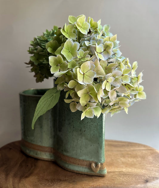 large hand-built double vase • limited edition green